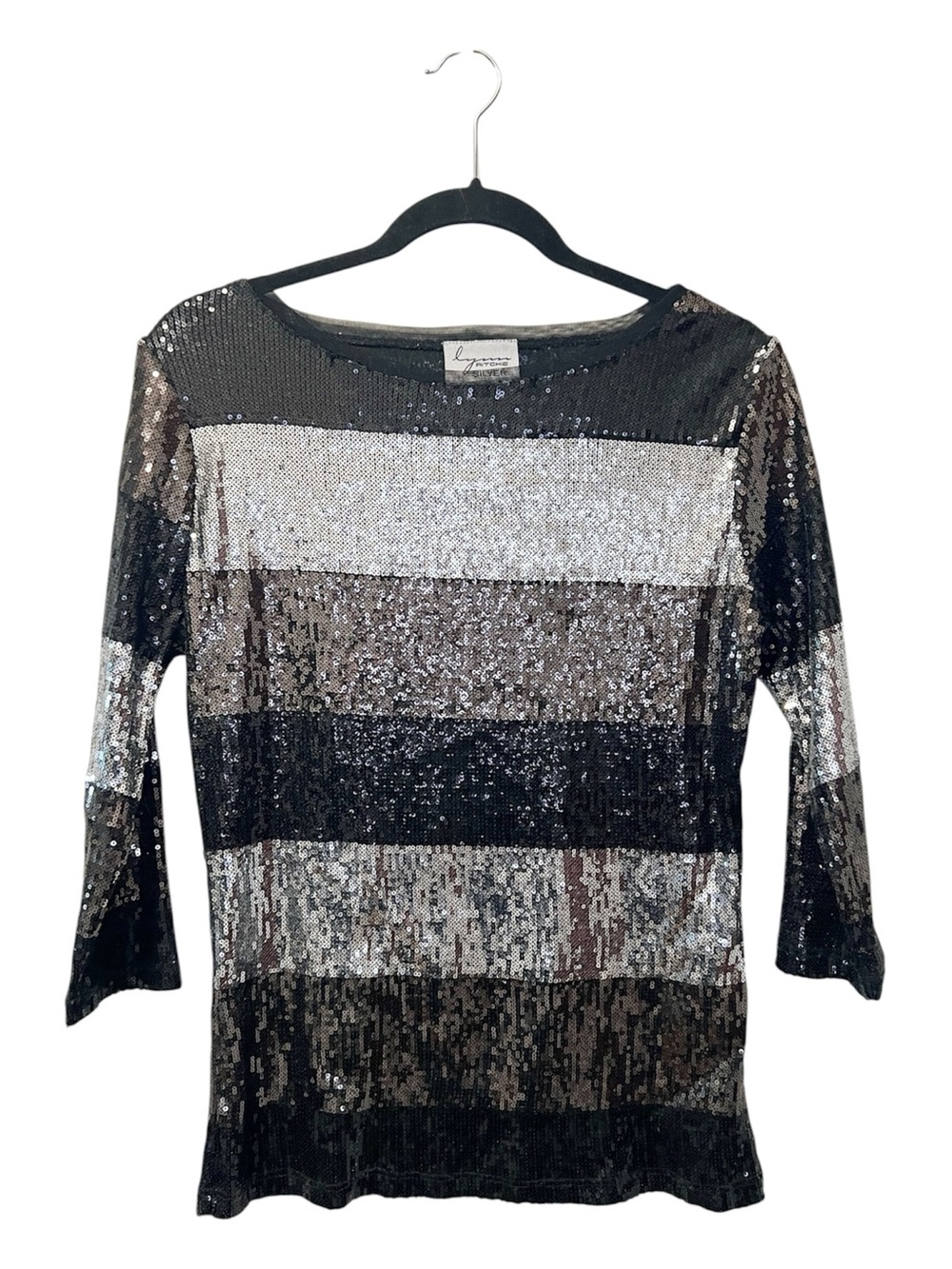 LYNN RITCHIE Silver All Over Sequin Striped Top size Small